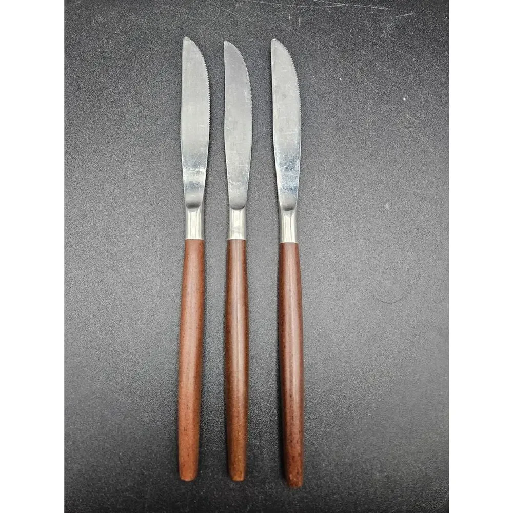 Vintage EKCO Eterna Epic Stainless Canoe Flatware Wood Handle Knives 3 piece